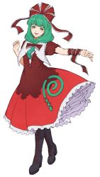 Rule 34 | 1girl, absurdres, arm ribbon, black footwear, boots, commentary, cross-laced footwear, dress, frilled ribbon, frills, front ponytail, green eyes, green hair, hair ribbon, highres, kagiyama hina, long hair, looking at viewer, open mouth, petticoat, red dress, ribbon, simple background, smile, solo, touhou, white background, winterleigh, wrist ribbon