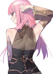Rule 34 | 1girl, absurdres, armpit crease, back, back focus, bare shoulders, blush, detached sleeves, from behind, hand in own hair, highres, hololive, hololive english, kouhiipan, long hair, median furrow, mori calliope, mori calliope (1st costume), pink hair, red eyes, single detached sleeve, sleeveless, solo, virtual youtuber, white background