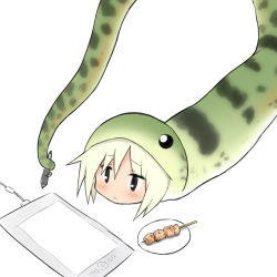 Rule 34 | 1girl, black eyes, blush, closed mouth, drawing tablet, food, hair between eyes, holding, holding stylus, lying, on stomach, original, plate, prehensile tail, simple background, skewer, snake costume, solo, stylus, tail, white background, yakihebi