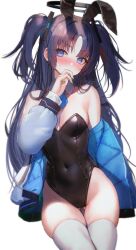 Rule 34 | 1girl, @ @, alternate costume, animal ears, bare shoulders, black leotard, blue archive, blue eyes, blue necktie, blush, breasts, commentary, detached collar, fake animal ears, finger to mouth, hair intakes, hanato (seonoaiko), highleg, highleg leotard, highres, leotard, long hair, medium breasts, necktie, nervous sweating, parted bangs, playboy bunny, purple hair, rabbit ears, short necktie, short twintails, simple background, solo, strapless, strapless leotard, sweat, thighhighs, twintails, v-shaped eyebrows, white background, white thighhighs, wrist cuffs, yuuka (blue archive)