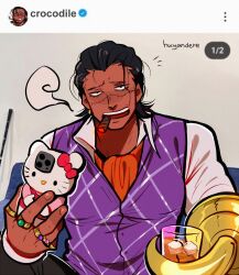 Rule 34 | 1boy, absurdres, alternate costume, ascot, black hair, cigar, crocodile (one piece), cup, hair slicked back, hello kitty, hello kitty (character), hello kitty phonecase (meme), hello kitty print, highres, holding, holding cup, holding phone, hook hand, huyandere, instagram, jewelry, male focus, meme, one piece, ornate phone case, parody, phone, sanrio, short hair, smoking, solo, stitches, vest