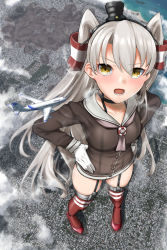 Rule 34 | 1girl, aircraft, airplane, amatsukaze (kancolle), black choker, blush, brown dress, choker, cloud, destruction, dress, footprints, from above, garter straps, giant, giantess, gloves, hair tubes, hands on own hips, hat, highres, kantai collection, long hair, long sleeves, looking at viewer, mini hat, open mouth, rakia (ds00309), red thighhighs, sailor collar, sailor dress, silver hair, size difference, solo, standing, striped clothes, striped thighhighs, thighhighs, twintails, two side up, very long hair, white gloves, yellow eyes