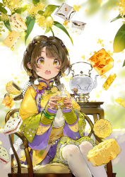 Rule 34 | 1girl, akizero1510, blunt bangs, blush, braid, brown hair, cup, dress, earrings, feet out of frame, flower, flower earrings, food, highres, holding, holding cup, jewelry, layered sleeves, long hair, long sleeves, low twin braids, low twintails, mole, mole under eye, on chair, open mouth, original, pantyhose, sitting, solo, teapot, twin braids, twintails, white pantyhose, yellow dress, yellow eyes, yellow flower, yellow theme