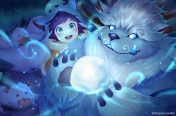 Rule 34 | 2boys, absurdres, animal hat, black hair, blue eyes, claws, furry, furry male, glowing, green eyes, hat, highres, league of legends, male focus, multiple boys, night, no nose, nunu (league of legends), open mouth, outdoors, short hair, snow, snowball, time lapse, tongue, tusks, twitter username, willump, winter, yed (yedsilent)