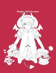 Rule 34 | 1girl, ahoge, candy, cookie, english text, eyepatch, feet, food, halloween, happy halloween, horns, jack-o&#039;-lantern, lollipop, looking at viewer, otomedius, panties, pantyshot, pie, pie slice, red background, sitting, solo, text focus, thighhighs, tita nium, triangle mouth, underwear, wings
