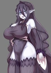 Rule 34 | 1girl, banshee (monster girl encyclopedia), bare shoulders, black dress, black hair, black thighhighs, blue eyes, breasts, colored eyelashes, colored skin, commentary, covered navel, detached sleeves, dress, fur-trimmed sleeves, fur trim, goth fashion, gothic, hair between eyes, hand on own chest, highres, huge breasts, lipstick, long hair, looking at viewer, makeup, mismatched eyelashes, monster girl encyclopedia, nav (itsnav), no panties, parted lips, pelvic curtain, pointy ears, purple lips, runny makeup, see-through, side slit, solo, thick thighs, thighhighs, thighs, veil, very long hair, white skin, wide sleeves