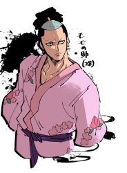 Rule 34 | 1boy, 26feiroon, aged up, angry, black hair, closed mouth, high ponytail, highres, japanese clothes, kouzuki momonosuke, looking to the side, male focus, one piece, ponytail, solo
