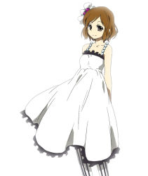 Rule 34 | 00s, 1girl, bad id, bad pixiv id, bare shoulders, bow, brown eyes, brown hair, don&#039;t say &quot;lazy&quot;, dress, female focus, hair bow, hirasawa yui, k-on!, mizuki riko, pantyhose, patterned legwear, simple background, smile, solo, striped clothes, striped pantyhose, vertical-striped clothes, vertical-striped pantyhose, white dress