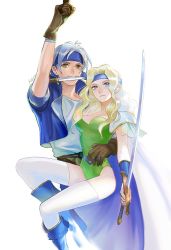 Rule 34 | 1boy, 1girl, arm around waist, arm up, armor, blonde hair, blue cape, blue eyes, blue footwear, blue headband, blue jacket, boots, bracer, breasts, brown eyes, brown gloves, cape, carrying, carrying under arm, celes chere, cleavage, couple, cropped jacket, final fantasy, final fantasy vi, gloves, green hair, green leotard, headband, holding, holding sword, holding weapon, jacket, knife in mouth, leotard, locke cole, long hair, medium breasts, parted bangs, regan (hatsumi), shirt, short hair, shoulder armor, sword, thighhighs, wavy hair, weapon, white background, white shirt, white thighhighs