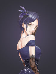 Rule 34 | 1girl, absurdres, benben (9456378), blue dress, blue hair, closed mouth, dress, earrings, elbow gloves, feather hair ornament, feathers, fishnet gloves, fishnets, from side, gloves, hair ornament, hayami kanade, highres, idolmaster, idolmaster cinderella girls, idolmaster cinderella girls starlight stage, jewelry, looking at viewer, looking back, necklace, parted bangs, pretty liar (idolmaster), purple background, purple feathers, short hair, shoulder blades, sleeveless, sleeveless dress, smile, solo, upper body, yellow eyes