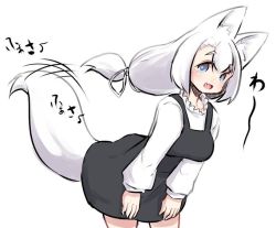 Rule 34 | 1girl, :d, animal ear fluff, animal ears, black dress, blue eyes, blush, breasts, commentary request, cowboy shot, dress, fang, fox ears, fox girl, fox tail, hair ribbon, leaning forward, long hair, long sleeves, looking at viewer, low-tied long hair, medium breasts, open mouth, original, ribbon, shirt, sidelocks, simple background, sleeveless, sleeveless dress, smile, solo, tail, tail wagging, translation request, u-non (annon&#039;an), white background, white hair, white ribbon, white shirt
