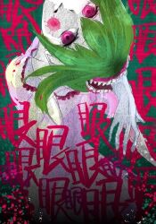 Rule 34 | 1girl, blood, blood on face, bloody mary (vocaloid), commentary request, dress, empty eyes, extra arms, extra mouth, frills, green hair, gumi, gumi09, looking at viewer, looking up, lyrics, open mouth, pink eyes, short hair, solo, tagme, translated, vocaloid