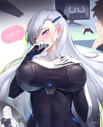 Rule 34 | 1boy, 1girl, black bodysuit, blush, bodysuit, breasts, covering own mouth, dc (doughertyevans), dualsense, embarrassed, game console, hair ornament, hairclip, hand on own chest, hand on own chin, highres, large breasts, long hair, lying, monitor, multiple views, on back, original, personification, playstation 5, playstation controller, product girl, purple eyes, smile, solo focus, sony, speech bubble, stroking own chin, taut bodysuit, torn bodysuit, torn clothes, very long hair, white hair