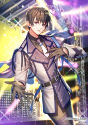 Rule 34 | 1boy, belt, brown gloves, brown hair, copyright name, gloves, headset, indoors, male focus, necktie, official art, outstretched hand, purple eyes, sid story, sila (carpen), stage, stage lights, standing, watermark, white neckwear