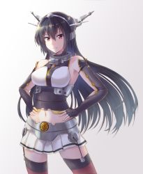 Rule 34 | 10s, 1girl, bare shoulders, black gloves, black hair, breasts, collar, elbow gloves, fingerless gloves, gloves, hair between eyes, halterneck, hands on own hips, headgear, highres, kantai collection, large breasts, long hair, looking at viewer, medium hair, metal belt, midriff, miniskirt, nagato (kancolle), navel, parted lips, pleated skirt, red eyes, red thighhighs, sanagi, skirt, solo, striped clothes, striped skirt, teeth, thighhighs, very long hair, white skirt, zettai ryouiki