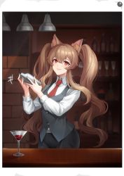 Rule 34 | 1girl, alternate costume, angelina (arknights), animal ear fluff, animal ears, arknights, black pants, border, ceiling light, closed mouth, collared shirt, commentary request, countdown, cowboy shot, cup, drink, drinking glass, fox ears, grey shirt, hair between eyes, highres, holding, lipstick, long hair, looking at viewer, makeup, motion lines, necktie, pants, red eyes, red necktie, shelf, shirt, sidelocks, smile, solo, twintails, very long hair, waistcoat, wavy hair, white border, white shirt
