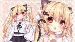 Rule 34 | 1girl, :o, animal ears, blonde hair, blouse, border, cat ears, cat girl, cat tail, doily, heart, heart-shaped pupils, highres, lace, lace border, lolita fashion, long hair, long sleeves, multiple views, non-web source, nyakori&#039;s rabbit doll, nyakori (nyakori&#039;s rabbit doll), open mouth, ornate border, red eyes, shirt, symbol-shaped pupils, tagme, tail, twintails, wide sleeves
