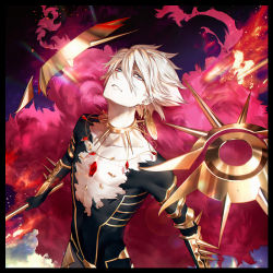 Rule 34 | 1boy, armor, bishounen, black border, blue eyes, border, cape, chest jewel, collar, commentary, earrings, fate/apocrypha, fate (series), gem, hair between eyes, holding, holding weapon, jewelry, karna (fate), kyo zip, looking at viewer, male focus, solo, spiked collar, spikes, upper body, weapon, white hair