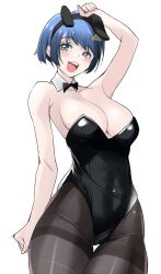 Rule 34 | 1girl, animal ears, black leotard, blue eyes, blue hair, breasts, detached collar, fake animal ears, hair ornament, highres, large breasts, leotard, looking at viewer, open mouth, pantyhose, parted bangs, playboy bunny, rabbit ears, scheris adjani, scryed, shiruco, short hair, simple background, smile, solo, strapless, strapless leotard, white background, wrist cuffs