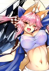 Rule 34 | 1girl, animal ear fluff, animal ears, bare shoulders, blush, bow, breasts, checkered flag, cleavage, commentary request, fate/extra, fate/grand order, fate (series), flag, fox ears, fox girl, fox tail, hair bow, hair ribbon, highres, large breasts, long hair, looking at viewer, official alternate costume, open mouth, pink hair, ribbon, smile, solo, sports bra, tail, tamamo (fate), tamamo no mae (fate/extra), tamamo no mae (type-moon racing) (fate), wisespeak, yellow eyes