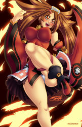 Rule 34 | 1girl, bare legs, bare shoulders, boots, breasts, brown eyes, brown hair, china dress, chinese clothes, darkereve, dress, fire, full body, guilty gear, hair ornament, hairclip, high heel boots, high heels, highres, kuradoberi jam, long hair, long sleeves, looking at viewer, matching hair/eyes, nail polish, open mouth, panties, pink nails, skirt, solo, split, underwear, wide sleeves
