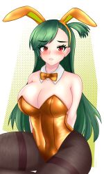 Rule 34 | 1girl, absurdres, animal ears, arms behind back, blush, bow, bowtie, breasts, brown pantyhose, cleavage, cowboy shot, detached collar, embarrassed, fake animal ears, g28 (girls&#039; frontline), girls&#039; frontline, green background, green hair, highres, kentumatsu, large breasts, leotard, lips, long hair, orange bow, orange leotard, pantyhose, playboy bunny, rabbit ears, red eyes, side ponytail, sitting, solo, strapless, strapless leotard, white background, wrist cuffs