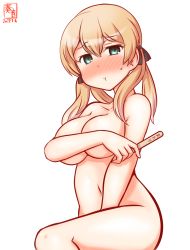 Rule 34 | 1girl, aqua eyes, artist logo, blonde hair, blush, breasts, commentary request, completely nude, covering privates, covering breasts, cowboy shot, dated, kanon (kurogane knights), kantai collection, large breasts, long hair, looking at viewer, nose blush, nude, one-hour drawing challenge, popsicle stick, pout, prinz eugen (kancolle), simple background, sitting, solo, twintails, white background
