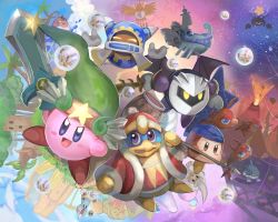Rule 34 | anniversary, armor, blue eyes, blue hair, cape, commentary request, everyone, fire, galaxia (sword), gloves, hat, holding, king dedede, kirby, kirby&#039;s dream land, kirby&#039;s return to dream land, kirby (series), lava, looking at viewer, magolor, mask, meta knight, momoko (nihontou), nintendo, no humans, open mouth, rayman limbs, smile, sword, volcano, weapon, wings, yellow eyes