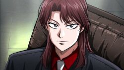 Rule 34 | 1boy, black eyes, black jacket, blazer, brown hair, chair, closed mouth, collared shirt, commentary, expressionless, formal, ichijou seiya, jacket, kaiji, long hair, looking at viewer, male focus, medium bangs, necktie, office chair, parted bangs, red shirt, shirt, sidelocks, solo, suit, swivel chair, upper body, white necktie, yologyeolseogchung-gyeogpaswaeseogsul