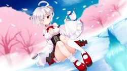 Rule 34 | 1girl, ahoge, azur lane, bare shoulders, bow, breasts, cherry blossoms, cleavage, corset, cup, detached sleeves, eyes visible through hair, hair over one eye, highres, large breasts, looking at viewer, mary janes, osisio, petals, red bow, red eyes, red footwear, screw, shoes, short hair, sleeves past wrists, socks, solo, tea, teacup, teapot, terror (azur lane), white hair, white socks, wide sleeves