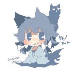 Rule 34 | 1girl, animal ears, artist name, bad id, bad twitter id, blue eyes, blue hair, blush, character name, dated, fang, kemono-chan (rebecca), lowres, open mouth, original, rebecca (keinelove), ribbon, shadow, short hair, tail