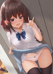 Rule 34 | 1girl, 1other, black thighhighs, blue bow, blue skirt, blush, bow, bow panties, braid, breasts, brown hair, clothes lift, collared shirt, dress shirt, fox shadow puppet, hair bow, hair ornament, hairclip, hand up, lifting own clothes, looking at viewer, medium breasts, minato ojitan, open mouth, original, panties, plaid, plaid bow, pleated skirt, red bow, red eyes, shirt, skirt, skirt lift, solo focus, tan, thighhighs, underwear, wet, white panties, white shirt