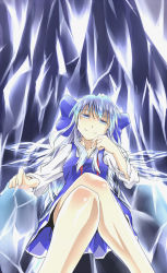 Rule 34 | 1girl, blue dress, blue eyes, bow, cirno, collarbone, dress, hair bow, hand on own cheek, hand on own face, head tilt, highres, ice, ice wings, legs, crossed legs, long hair, looking at viewer, matsu 84, neck, aged up, ribbon, shaded face, sitting, smile, solo, throne, touhou, wings