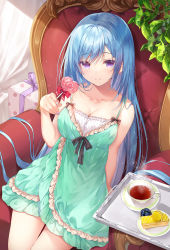 Rule 34 | 1girl, bare shoulders, black bow, blue hair, bow, breasts, candy, cleavage, closed mouth, collarbone, couch, cowboy shot, cup, dress, emori miku, food, frilled dress, frills, gift, green dress, heart, heart-shaped lollipop, highres, holding, holding candy, holding food, holding lollipop, indoors, liver city, lollipop, long hair, looking at viewer, medium breasts, miwabe sakura, on couch, plant, plate, purple eyes, saucer, shaped lollipop, short dress, sidelocks, sitting, smile, solo, spaghetti strap, steam, sundress, tea, teacup, thighs, tray