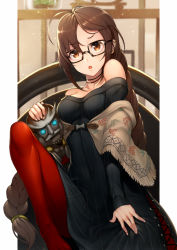 Rule 34 | 1girl, :o, ahoge, bare shoulders, black-framed eyewear, brown eyes, brown hair, character doll, commentary request, dress, fate/grand order, fate (series), glasses, kyoeiki, long hair, looking at viewer, off-shoulder dress, off shoulder, pantyhose, rectangular eyewear, red pantyhose, ribbed dress, solo, very long hair, xiang yu (fate), yu mei-ren (fate)