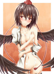 Rule 34 | 1girl, bare shoulders, black hair, black wings, blush, bottomless, breasts, brown hair, cleavage, clothes pull, covering privates, covering breasts, covering crotch, cum, dress shirt, flask (artist), flask (pandora), groin, hat, highres, large breasts, large wings, looking at viewer, navel, no panties, off shoulder, open clothes, open skirt, panties, panty pull, shameimaru aya, shirt, short hair, skirt, skirt pull, solo, suggestive fluid, tokin hat, touhou, underwear, wet, wings
