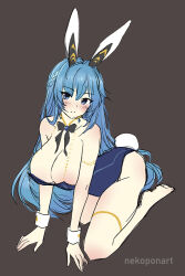 Rule 34 | 1girl, animal ears, arm support, artist name, black bow, black bowtie, blue eyes, blue hair, blue leotard, blush, bow, bowtie, braid, breasts, cleavage, detached sleeves, fake animal ears, fake tail, goddess of victory: nikke, helm (nikke), kneeling, large breasts, leotard, long hair, looking at viewer, nekoponart, parted lips, playboy bunny, rabbit ears, rabbit tail, solo, tail, thighlet
