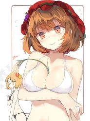 Rule 34 | 2girls, aki minoriko, aki shizuha, bad id, bad twitter id, bare arms, bare shoulders, between breasts, bikini, bikini top only, black bikini, blonde hair, blush, breast envy, breast hold, breasts, brown eyes, brown hair, cleavage, closed mouth, commentary request, flying sweatdrops, food, fruit, grapes, hair ornament, hat, highres, leaf hair ornament, looking at another, medium breasts, mob cap, multiple girls, red hat, small breasts, suminagashi, sweat, swimsuit, touhou, white bikini, yellow eyes