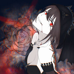 Rule 34 | 1girl, barcode, barcode tattoo, bare shoulders, blood, blood from mouth, breasts, cleavage, detached sleeves, flower, greyscale, hair between eyes, medium breasts, medium hair, monochrome, neck tattoo, parted bangs, partially colored, punishing: gray raven, red eyes, rose, solo, tattoo, tyjiu (tytpjiu), veil, vera: garnet (sorrowful rose) (punishing: gray raven), vera (punishing: gray raven)