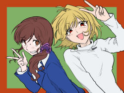 Rule 34 | 2girls, arcueid brunestud, blonde hair, blue jacket, brown eyes, brown hair, commentary request, jacket, jewelry, long hair, looking at viewer, metarogu, multiple girls, necklace, noel (tsukihime), open mouth, red eyes, short hair, side ponytail, smile, sweater, tsukihime, tsukihime (remake), two-tone background, upper body, v, white sweater