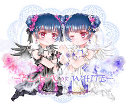Rule 34 | 1girl, ;), alternate hairstyle, angel of eden (love live!), angel wings, artist name, artist request, back bow, bare legs, bare shoulders, black dress, black wings, blue bow, blue flower, blue hair, blue skirt, blue wrist cuffs, blush, bow, braid, breasts, collarbone, crown braid, crystal hair ornament, double bun, dress, dual persona, female focus, fingers together, flower, frilled dress, frills, hair bun, hair flower, hair ornament, hair ribbon, highres, index fingers together, long hair, looking at another, looking at viewer, love live!, love live! school idol festival, love live! school idol festival all stars, love live! sunshine!!, miniskirt, one eye closed, own hands together, parted lips, pink eyes, pink flower, plaid, plaid dress, plaid skirt, pleated, pleated dress, pleated skirt, purple eyes, ribbon, short hair, short sleeves, skirt, sleeveless, sleeveless dress, smile, solo, strapless, strapless dress, striped, striped bow, tsushima yoshiko, white background, white detached collar, white dress, white flower, white ribbon, white skirt, white wings, white wrist cuffs, wings, wrist cuffs