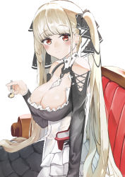 Rule 34 | 1girl, absurdres, armchair, azur lane, black dress, blonde hair, blush, breasts, chair, cleavage, closed mouth, dress, formidable (azur lane), hair ribbon, hanabusaraleigh, highres, holding, holding spoon, large breasts, long hair, looking at viewer, red eyes, ribbon, sitting, smile, solo, spoon, twintails, upper body, very long hair, white background