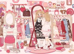 Rule 34 | 1girl, absurdres, angel print, animal ear hairband, animal ears, animal print, back bow, bear ears, bedroom, black dress, blonde hair, blue bow, blue dress, blunt bangs, blush stickers, bookmark, boots, bow, bow legwear, bow print, bowtie, brown bag, brown dress, brown eyes, brown footwear, buttons, carpet, cat, cellphone, collared dress, collared shirt, cross-laced clothes, cross-laced footwear, cross-laced top, drawing (object), dress, fake animal ears, floral print, food print, footwear bow, frilled shirt collar, frilled sleeves, frills, from behind, full-length mirror, full body, hair bow, hairband, highres, holding, holding clothes, holding dress, indoors, juliet sleeves, kitten, lace, lace-trimmed dress, lace trim, lolita fashion, long hair, long sleeves, mary janes, medium dress, mirror, open mouth, original, pajamas, pantyhose, phone, pink bow, pink bowtie, pink dress, pink footwear, pink hairband, pink pajamas, pink pantyhose, pom pom (clothes), puffy sleeves, putong xiao gou, rabbit print, red bag, red bow, red dress, red footwear, reflection, ribbon, rose print, shirt, shoes, short sleeves, sleeve bow, slippers, smartphone, smile, socks, solo, strawberry bag, strawberry print, striped clothes, striped socks, stuffed animal, stuffed rabbit, stuffed toy, white ribbon, white shirt, white socks, yellow dress