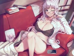 Rule 34 | 1girl, black bra, black panties, blush, book, bra, breasts, cellphone, cleavage, closed mouth, commentary request, couch, glasses, indie virtual youtuber, indoors, large breasts, lingerie, long hair, long sleeves, looking at viewer, magazine (object), mi2mi2 minmi, newspaper, open clothes, open shirt, panties, phone, purple eyes, shirt, simple background, sitting, smartphone, solo, underwear, virtual youtuber, white hair, white shirt, yomi tsumugiha