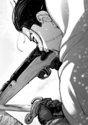 Rule 34 | 1boy, aiming, arisaka, bayonet, black eyes, black hair, bolt action, cape, commentary request, facial hair, facial scar, from side, gloves, goatee, golden kamuy, greyscale, gun, hair slicked back, hair strand, holding, holding gun, holding knife, holding weapon, hood, hood down, imperial japanese army, knife, leather, leather gloves, long sleeves, looking away, male focus, military, monochrome, nakamura mami, ogata hyakunosuke, open mouth, rifle, scar, scar on cheek, scar on face, short hair, shouting, signature, simple background, solo, stubble, teeth, trigger discipline, undercut, upper body, weapon, white background, white cape