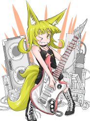 Rule 34 | &gt; o, 1girl, animal ears, bare arms, bare shoulders, black footwear, black pants, black shorts, blonde hair, boots, cross, doitsuken, fang, fox child (doitsuken), fox ears, fox tail, grin, guitar, highres, holding, holding instrument, instrument, looking at viewer, music, one eye closed, original, pants, playing instrument, shorts, smile, solo, speaker, standing, tail