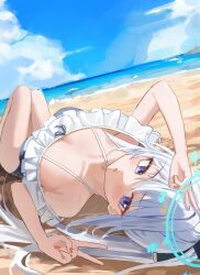 Rule 34 | 1girl, absurdres, alpha beast, bare arms, bare legs, bare shoulders, beach, black one-piece swimsuit, blue archive, blue halo, blush, casual one-piece swimsuit, commentary, day, frilled one-piece swimsuit, frills, grey hair, halo, highres, long hair, miyako (blue archive), miyako (swimsuit) (blue archive), ocean, off-shoulder one-piece swimsuit, off shoulder, official alternate costume, official alternate hairstyle, one-piece swimsuit, open mouth, outdoors, ponytail, purple eyes, solo, swimsuit