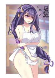 Rule 34 | 1girl, :d, absurdres, after masturbation, apron, bad id, bad pixiv id, bare arms, bare shoulders, blurry, blurry background, blush, border, braid, breasts, cleavage, collarbone, covering privates, covering crotch, cowboy shot, depth of field, eggplant, embarrassed, english text, flying sweatdrops, food, frilled apron, frills, genshin impact, hair ornament, hair ribbon, highres, holding, holding food, large breasts, line4x, long hair, looking away, looking to the side, mole, mole under eye, naked apron, nose blush, open mouth, outside border, purple eyes, purple hair, purple ribbon, pussy juice, raiden shogun, ribbon, signature, single braid, smile, solo, very long hair, white apron, white border