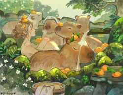 Rule 34 | 1girl, animal, artist name, bamboo, bare shoulders, bathing, branch, brown hair, bucket, capybara, closed eyes, closed mouth, completely nude, food, fruit, highres, leaf, nude, orange (fruit), original, outdoors, pointy nose, sitting, solo focus, towel, tree, vicki tsai, water