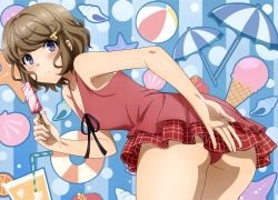 Rule 34 | 1girl, absurdres, ass, blue eyes, brown hair, covering privates, covering ass, embarrassed, food, from behind, hair ornament, hairclip, highres, ice cream, koga tomoe, official art, seishun buta yarou, solo, swimsuit, tagme